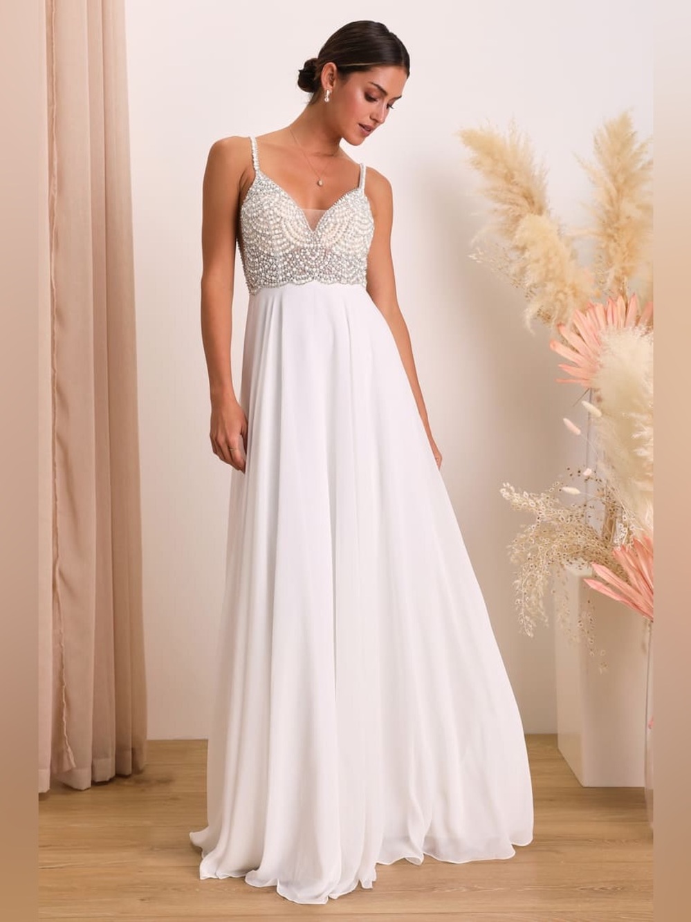 Lulus True Love White Beaded Rhinestone Bridal Maxi Dress Size S